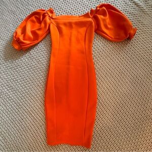 Off-Shoulder Puff Sleeve Sheath Dress in Vibrant Orange